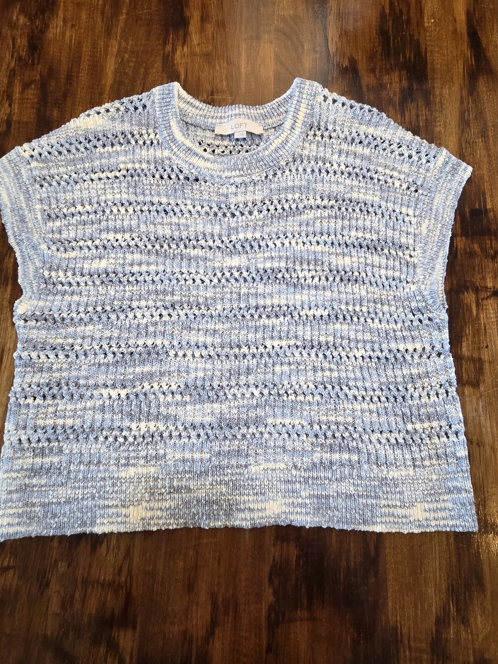 Loft Blue and White Open-Knit Sweater Vest Size L Coastal Preppy Cotton Blend
